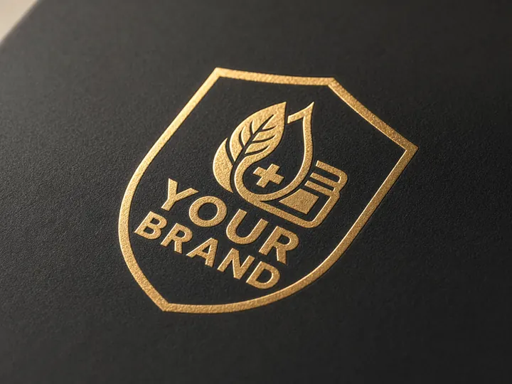 Close-up of a gold foil YOUR BRAND shield stamped on a soft-touch black lid