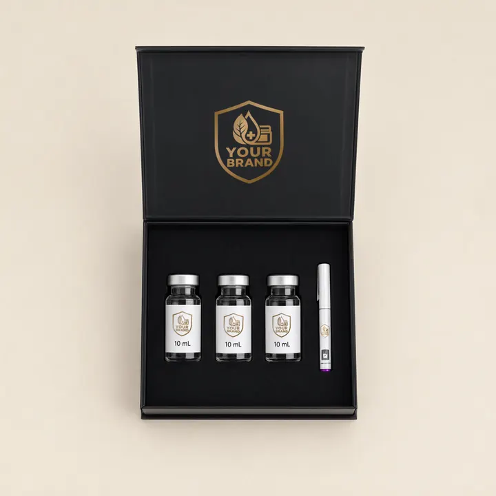 Black magnetic gift box open on bone paper, three 10 mL vials and a pen seated in the black insert, gold YOUR BRAND shield inside the lid