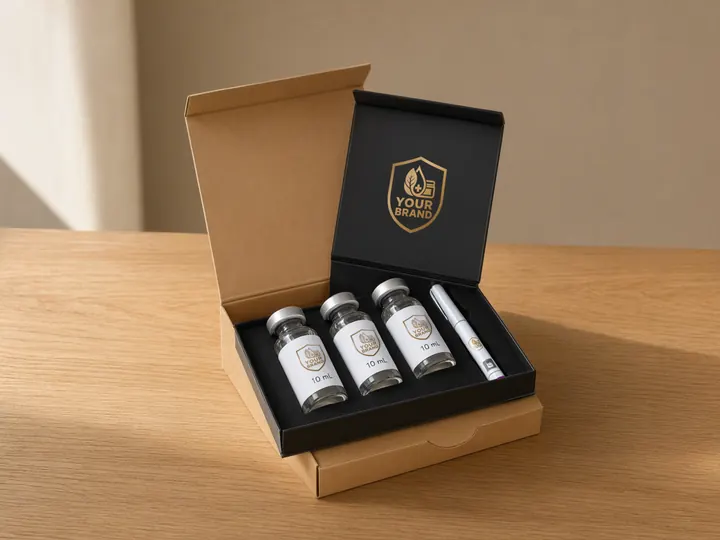 Black gift box with a gold YOUR BRAND shield seated inside an open kraft mailer, three 10 mL vials and a pen in the insert, on an oak table
