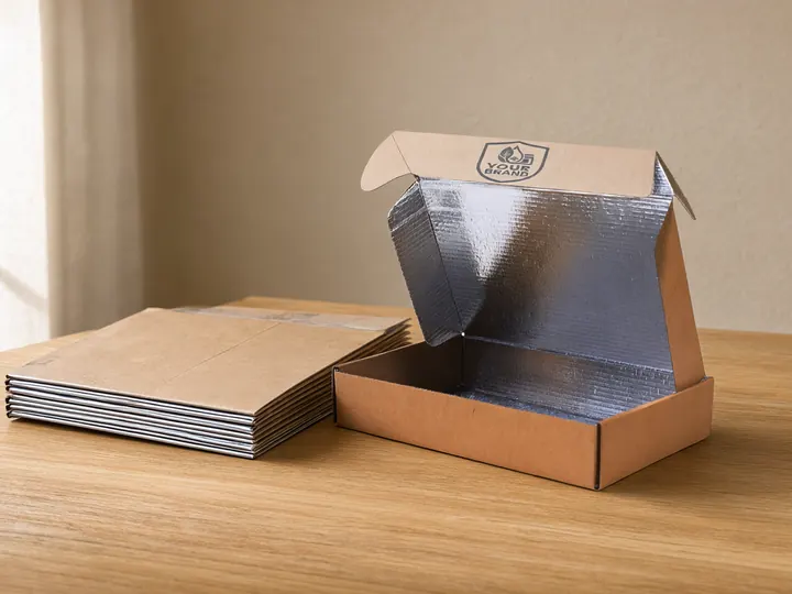 A short stack of flat-folded insulated mailers beside one assembled kraft mailer with a silver liner, on an oak table