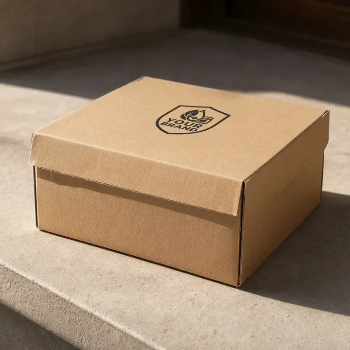Closed kraft shipper printed with the YOUR BRAND shield, dry and crisp on a sunlit stone doorstep