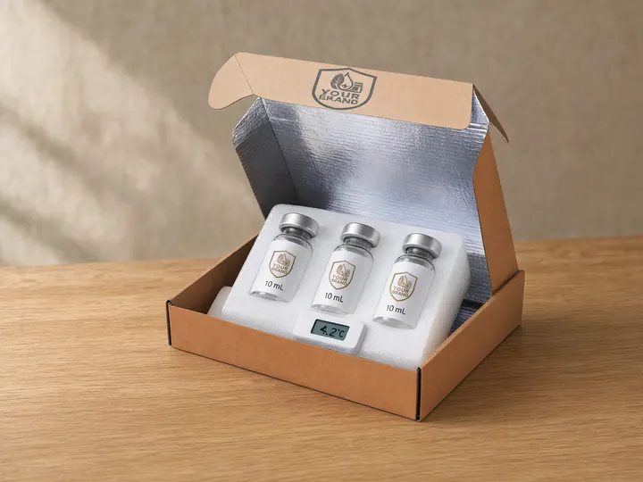 Open kraft cold-chain mailer with a silver liner, three 10 mL vials in a white foam insert and a data logger reading 4.2°C