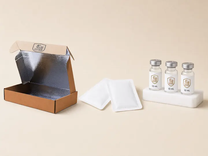 Kraft cold-chain mailer with a silver liner, two white gel packs and three 10 mL vials on a white stand, laid out side by side