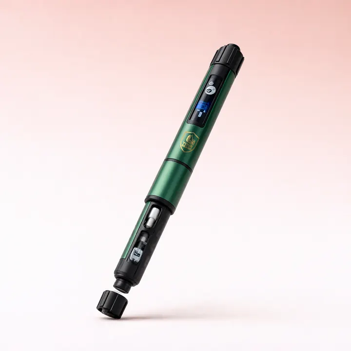 Green premium clinic pen with a digital dose window and a gold YOUR BRAND shield on the barrel, cap off, against a pale pink gradient