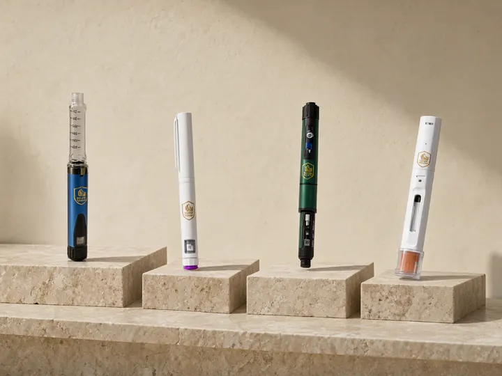 Four injection device formats standing on travertine steps in window light, each carrying the YOUR BRAND shield