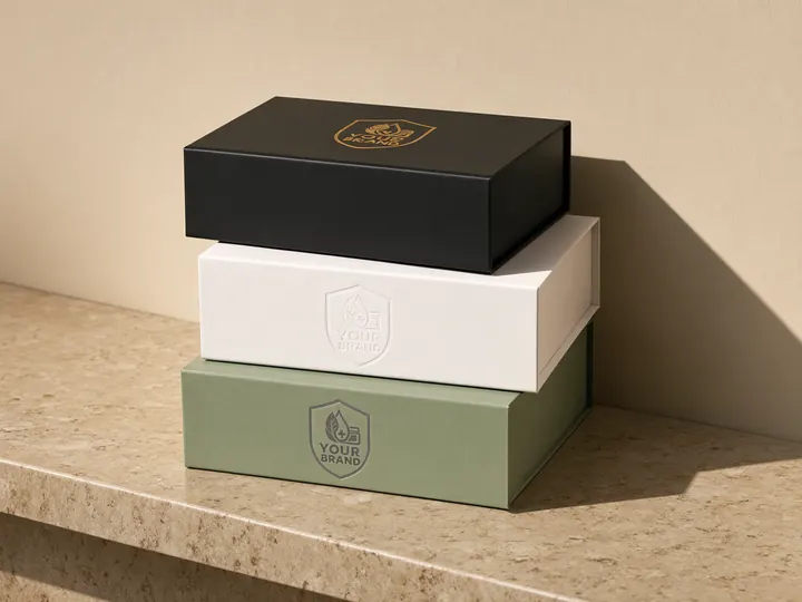 Three stacked gift boxes: black with a gold foil shield, white with a blind-embossed shield and sage with a printed YOUR BRAND shield