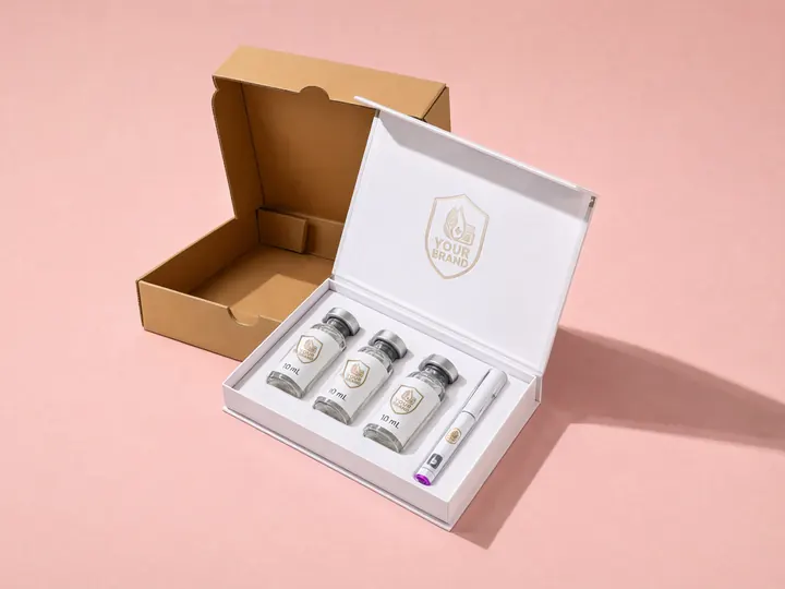 White gift box open in front of its plain kraft mailer, three 10 mL vials and a pen in the white insert, YOUR BRAND shield embossed on the lid