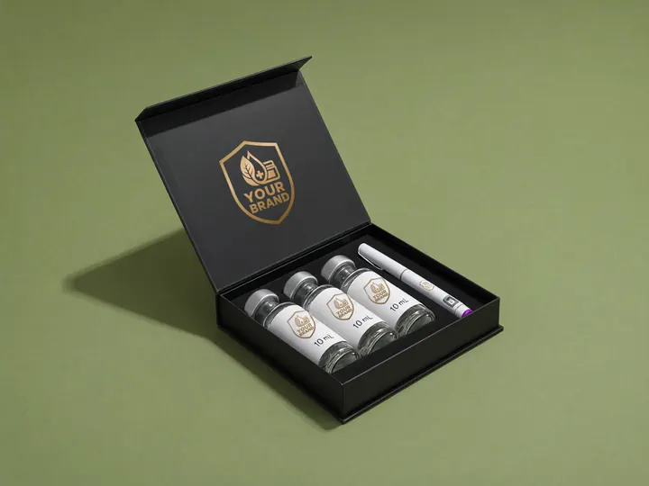 Black magnetic gift box open on a sage background, three 10 mL vials and a pen seated in the insert, gold YOUR BRAND shield foiled inside the lid