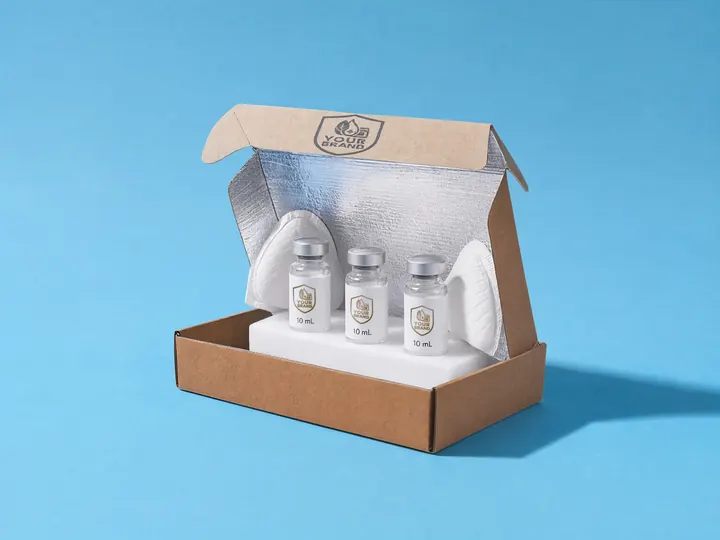 Open kraft cold-chain mailer with a silver insulated liner, three 10 mL vials in a foam insert between two gel packs, YOUR BRAND shield printed on the flap