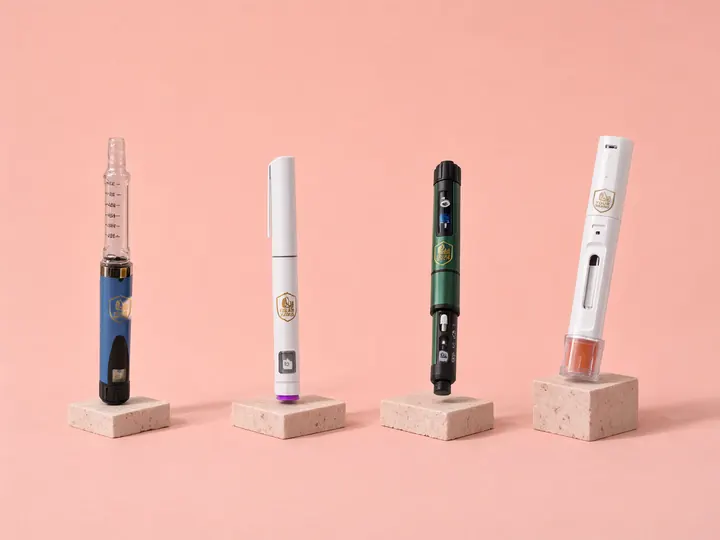 Four injection device formats standing on stone blocks against a pink background, each printed with the YOUR BRAND shield
