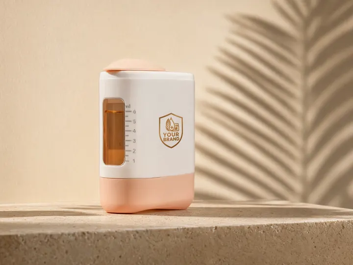 White and peach refillable scalp applicator with an amber 6 mL window and a gold YOUR BRAND shield, on a travertine ledge in palm-leaf shadow