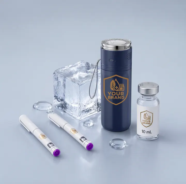 Navy medication flask with a gold YOUR BRAND shield beside two pens, a 10 mL vial and a block of ice, on pale blue
