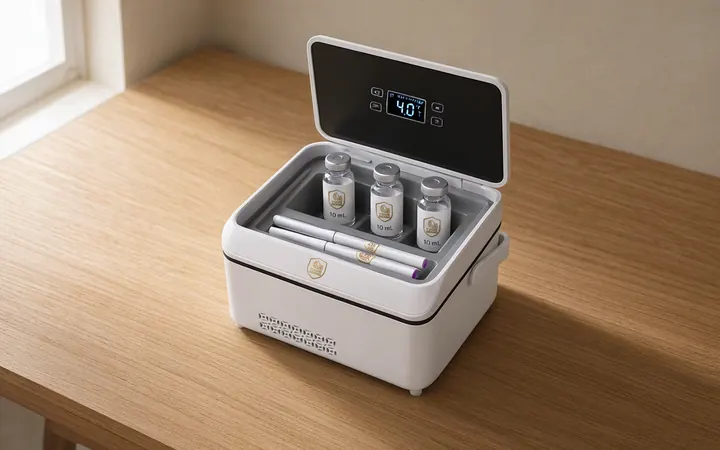 White mini medication fridge open on an oak desk, three 10 mL vials and two pens inside, the lid display reading 4.0°C