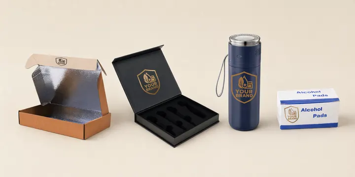Kraft cold-chain mailer, black gift box, navy medication flask and a box of alcohol pads in one row, each carrying the YOUR BRAND shield