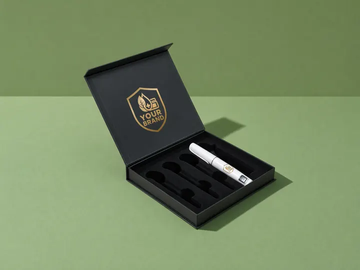 Black gift box open on sage green with one pen in the insert and the vial cavities left empty