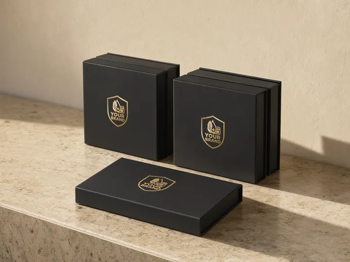 Two short stacks of black gift boxes and one more box in front, each with a gold YOUR BRAND shield, on a travertine ledge